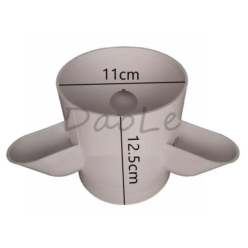 White hydroponic tower planter top section with four arms and center reservoir, size marks