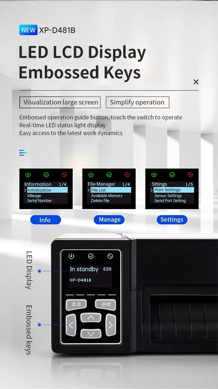 Industrial barcode label printer with LED LCD display and embossed keys