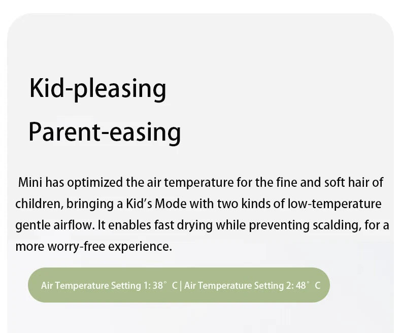 Laifen Mini high-speed hair dryer features a safe child mode with gentle low-temperature settings for kids.