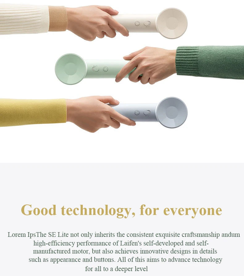 Lightweight 345g high-speed hair dryer in three pastel colors, featuring a slim design and quiet, fast-drying motor.