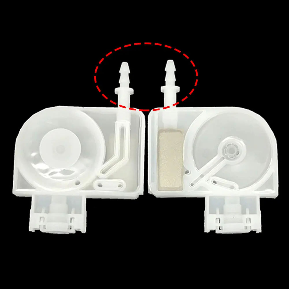 Two Tidesmit white translucent plastic printer dampers with dual top ports and internal filter mesh against black background.