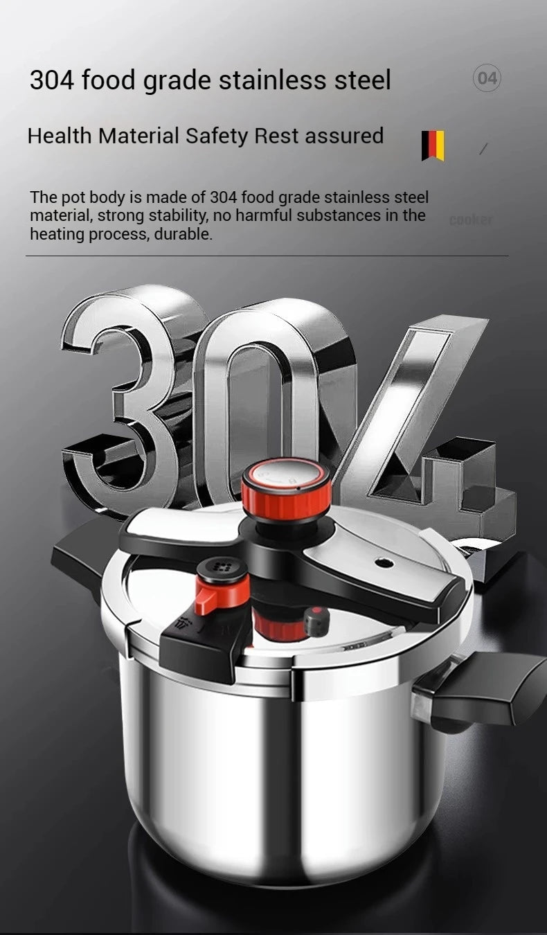 304 stainless steel pressure cooker with red pressure valve and black handle grips