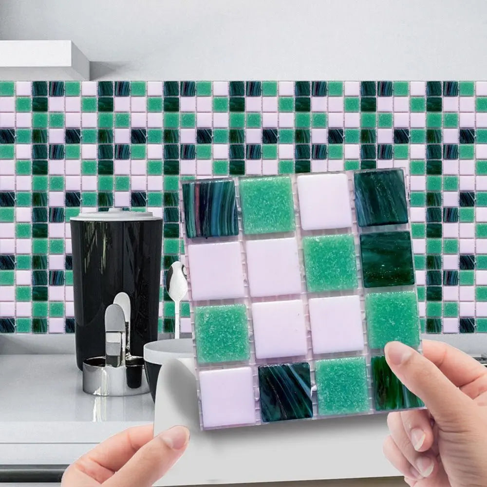 3D mosaic tile stickers sheet with green and white glittery square tiles