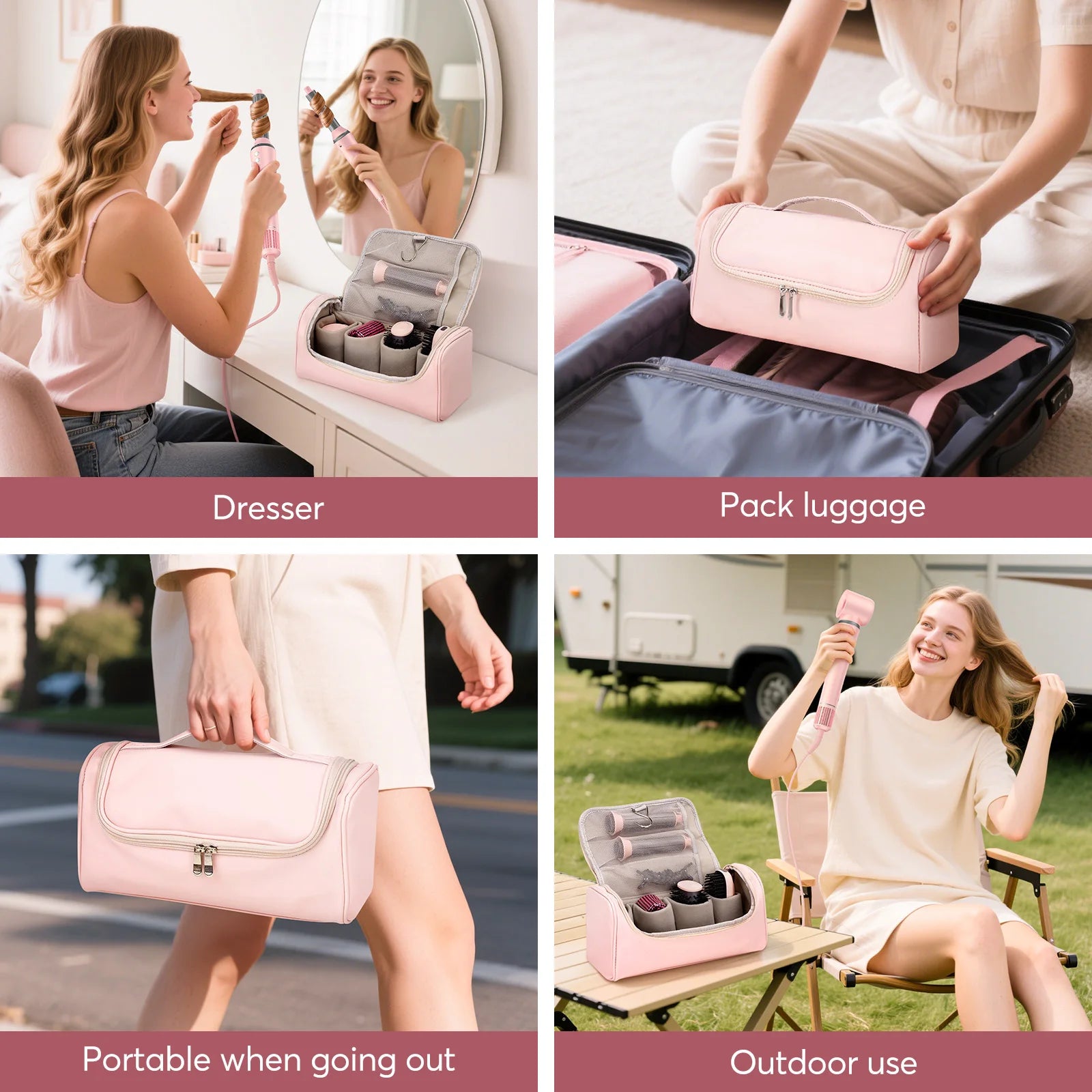 Pink 5-in-1 hot air styler brush with auto-wrap curlers and attachments in a portable travel bag for hair styling.