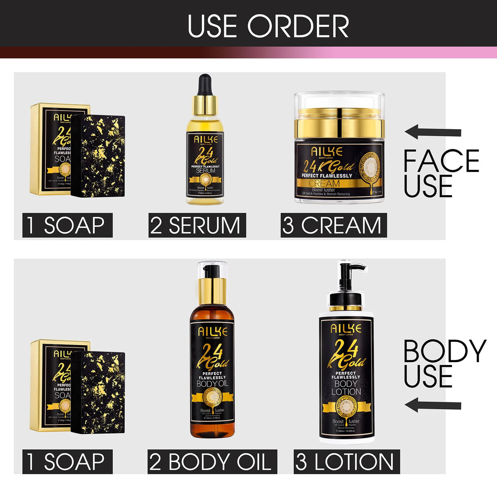 AILKE 24K Glod Flawlessly Skin Care Set, Whitening, Reduce Dark Spots, Pigmentation, Wrinkles, Moisturize, For All Skin Types