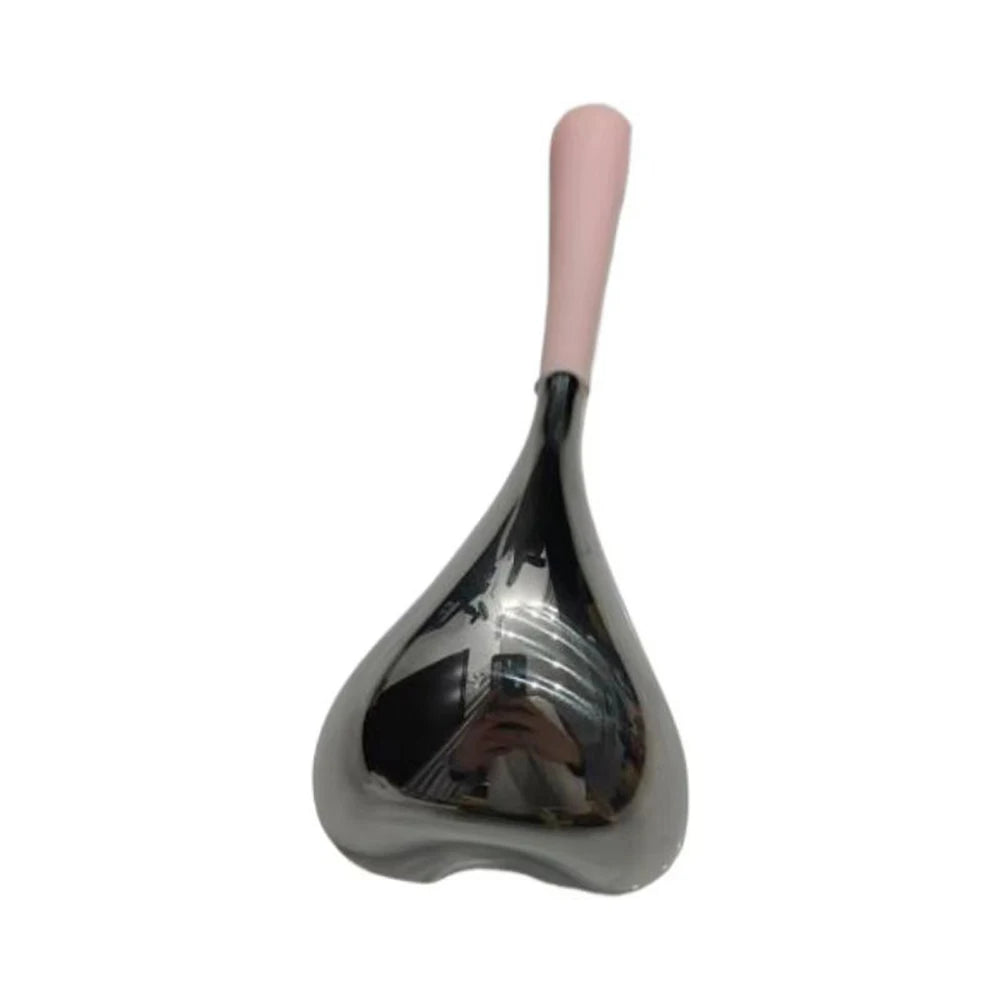 Heart-shaped stainless steel gua sha cryo stick with a long, light pink handle.