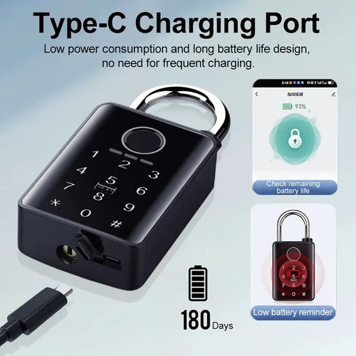 Black smart fingerprint padlock with Type-C charging port and numeric keypad
