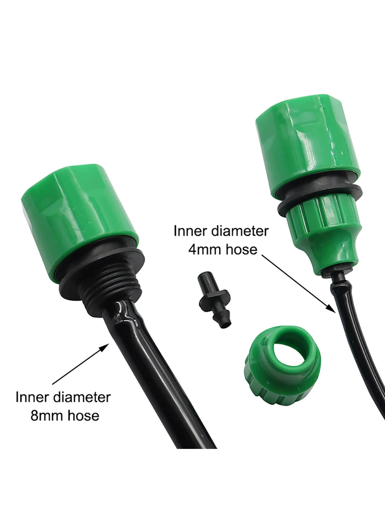 Close-up of green barbed adapters with 4mm and 8mm hose connection ends and small insert