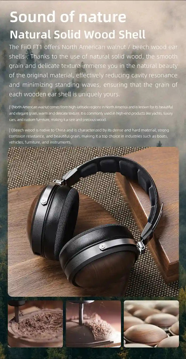 FiiO FT1 Closed-Back Over-Ear Headphones with 60mm Wood Driver Tidesmit