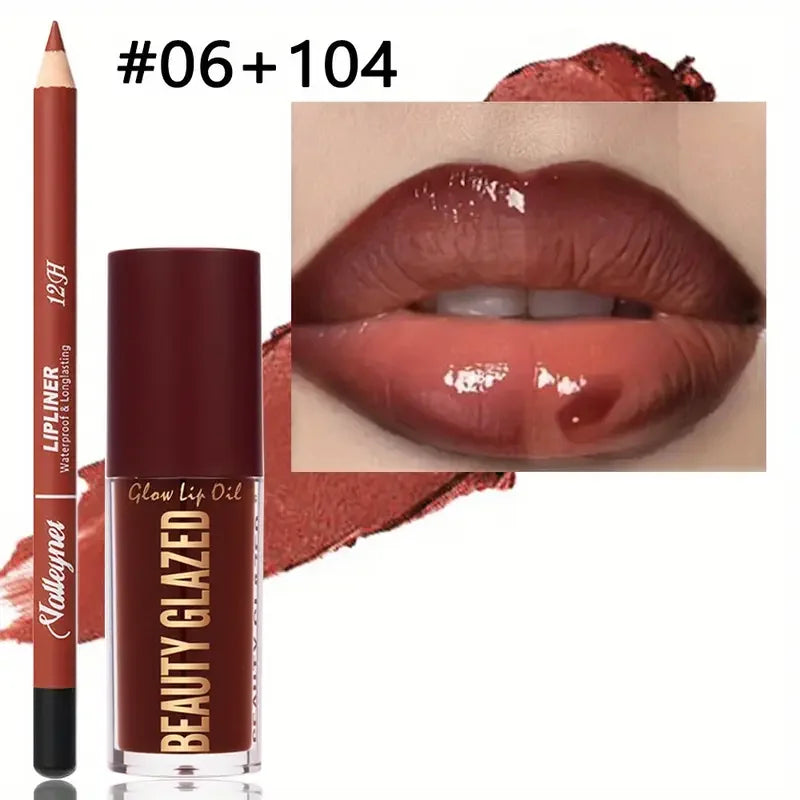 2pcs makeup set: Matte brown lip liner and moisturizing glossy lip oil for long-lasting, pigmented lip makeup look.