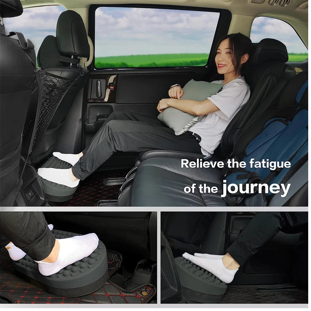 Gray foam car footrest with a textured, nubby surface for leg support and comfort during long travel.