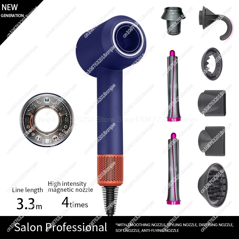 Blue leafless negative ion hair dryer with magnetic attachments and styling nozzles for professional salon results.