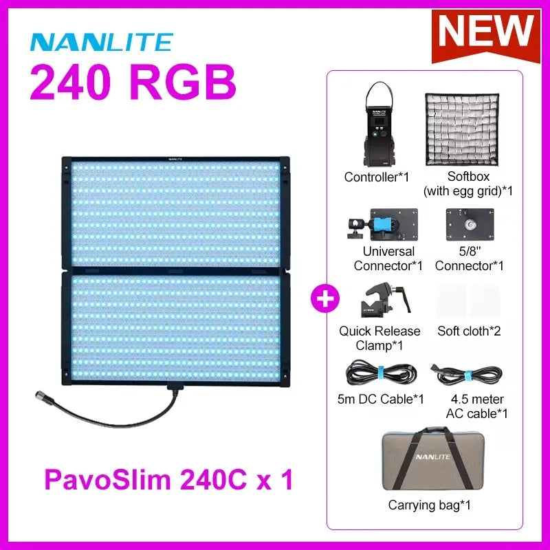 PavoSlim 240C rectangular RGB LED panel with controller, softbox, connectors, cables, and carrying bag for photography.