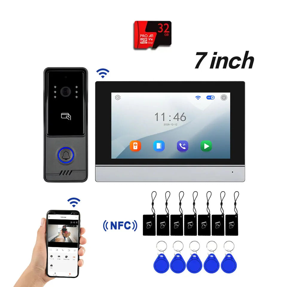 Tuya Wifi 7inch 4 Wires Video Doorbell HD Monitor RFID Metal IR Camera Visual Intercom Two-way Audio APP Unlock Video Door Phone
