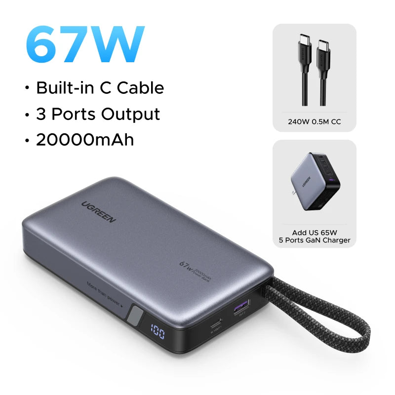 20000mAh Power Bank 67W Fast Charging Portable Charger with Built-in Cable Add 65W US Charger Tidesmit