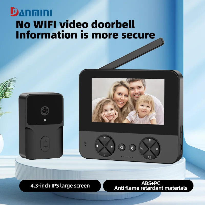 Wireless video doorbell, 4.3 "IPS display 720P high definition intelligent intercom, 2.4G wireless two-way call, night vision