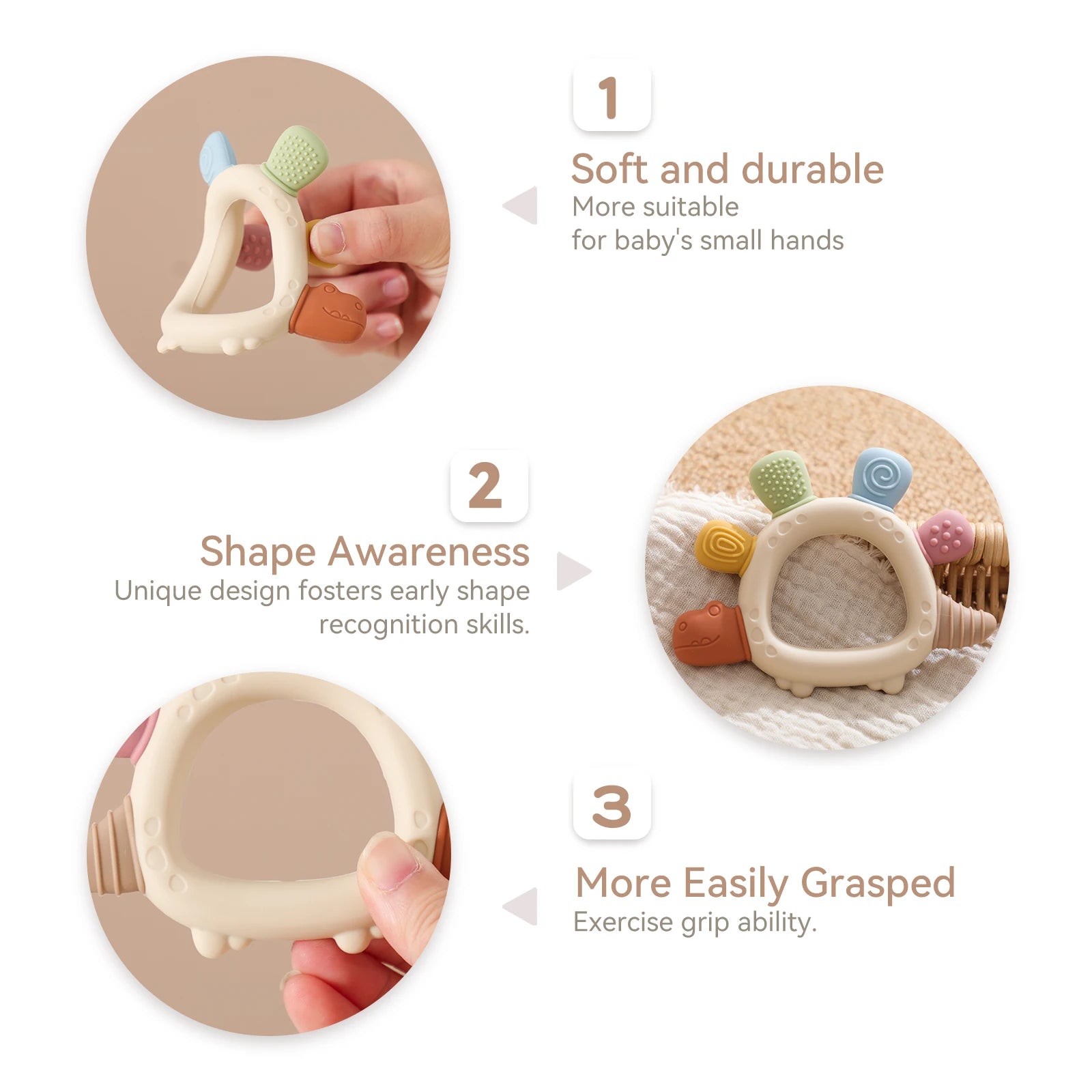 Baby Silicone Teether Toys,Perfect for Teething Toys 0-3-6 Months and Shower Gifts, BPA-Free, Ergonomic Dinosaur Wood Design.