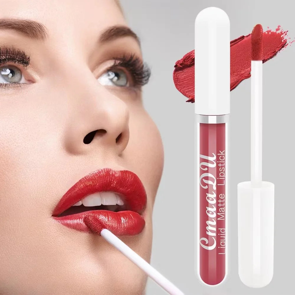 Long-lasting matte red liquid lipstick with applicator wand and smooth, non-stick finish for all skin types.