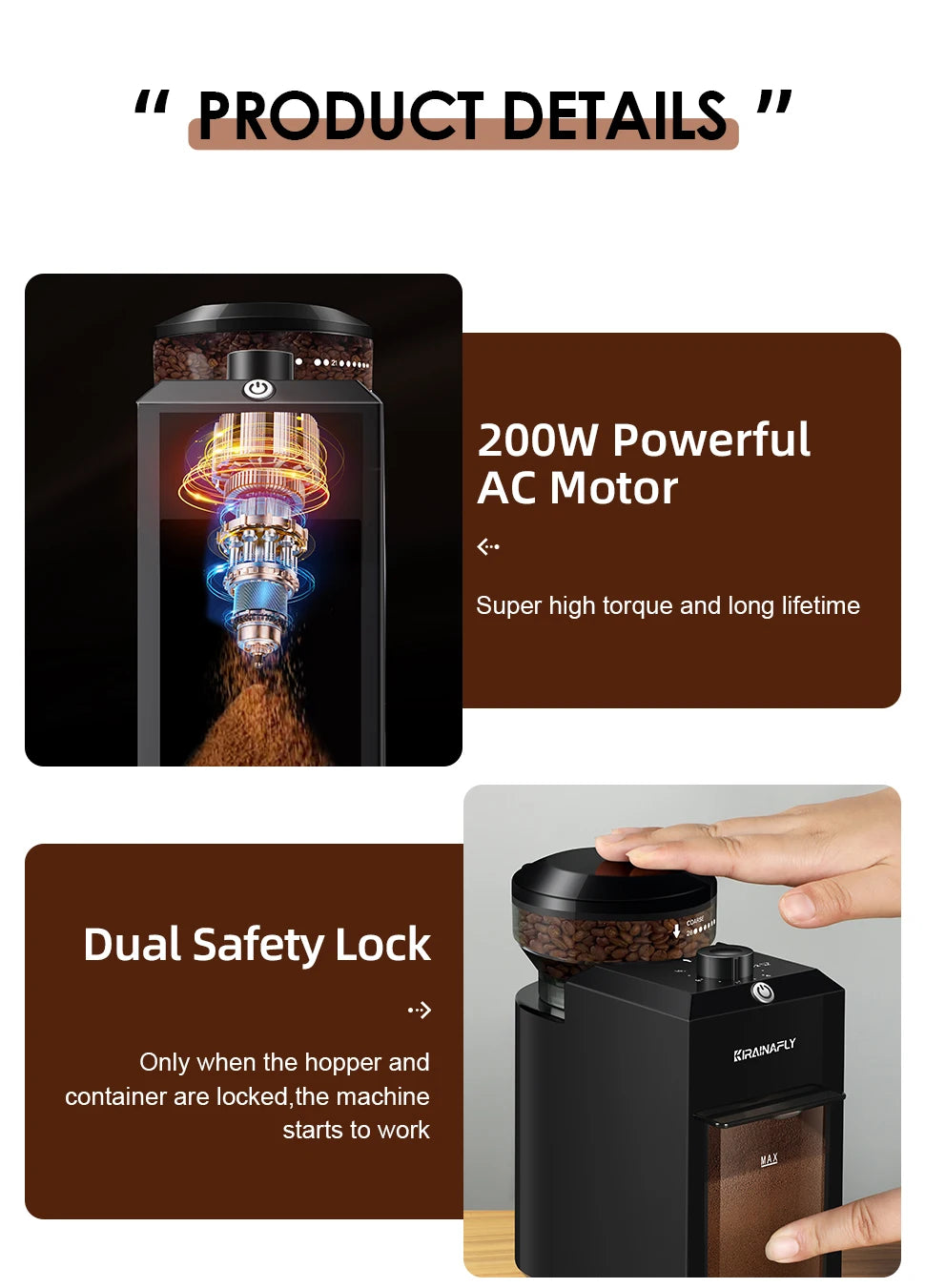 Krainafly black electric coffee grinder with 200W motor, bean hopper, and dual safety lock mechanism.