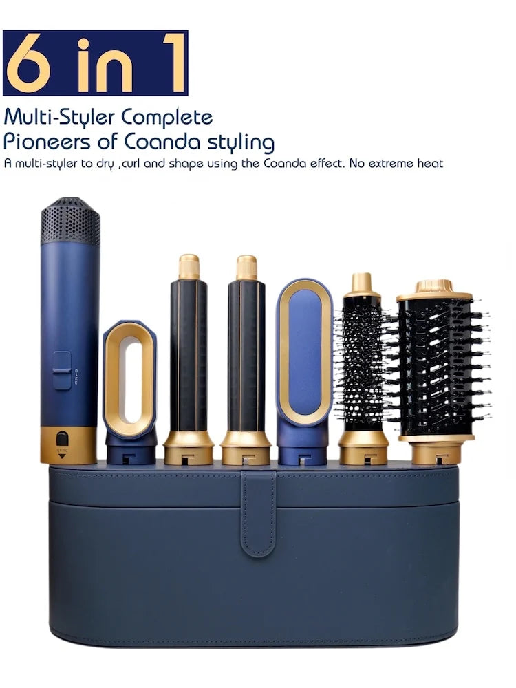 6-in-1 blue and gold multi-styler hair dryer set with curling barrels, hot air brush, and premium storage case.