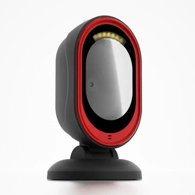 Red-trimmed oval desktop barcode scanner, side/front view on stand base