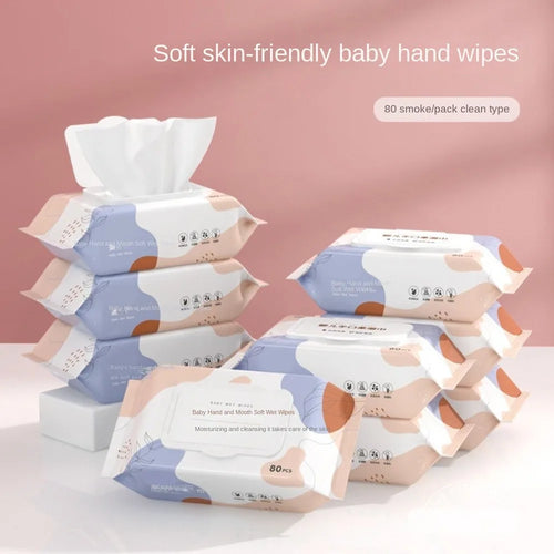 Soft skin-friendly baby wet wipes for hand and mouth, 80-count packs in abstract pastel packaging for gentle baby care.