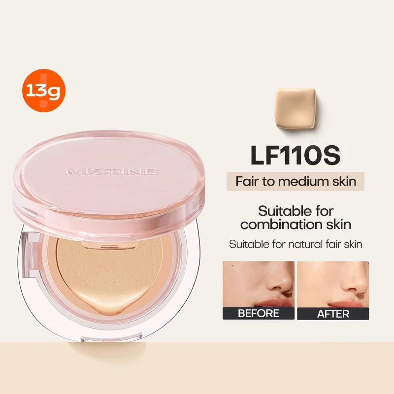 Tidesmit Mistine air cushion foundation for combination skin showing creamy texture and dewy finish close-up