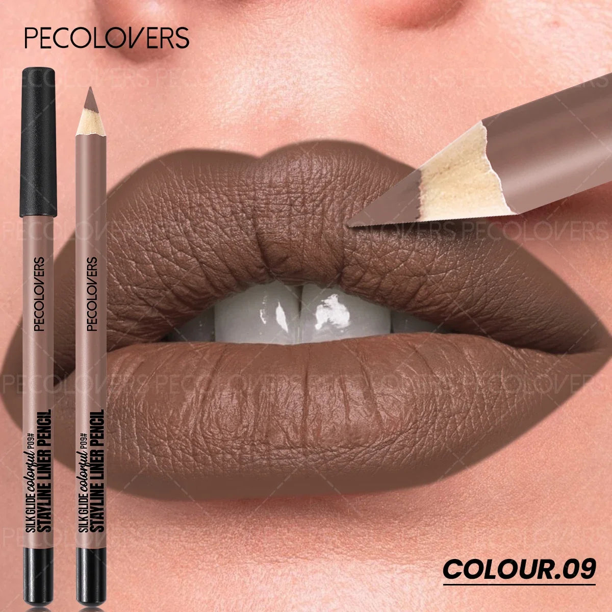 Long-lasting brown matte lip liner pencil for waterproof, high-pigment lip makeup application on lips.