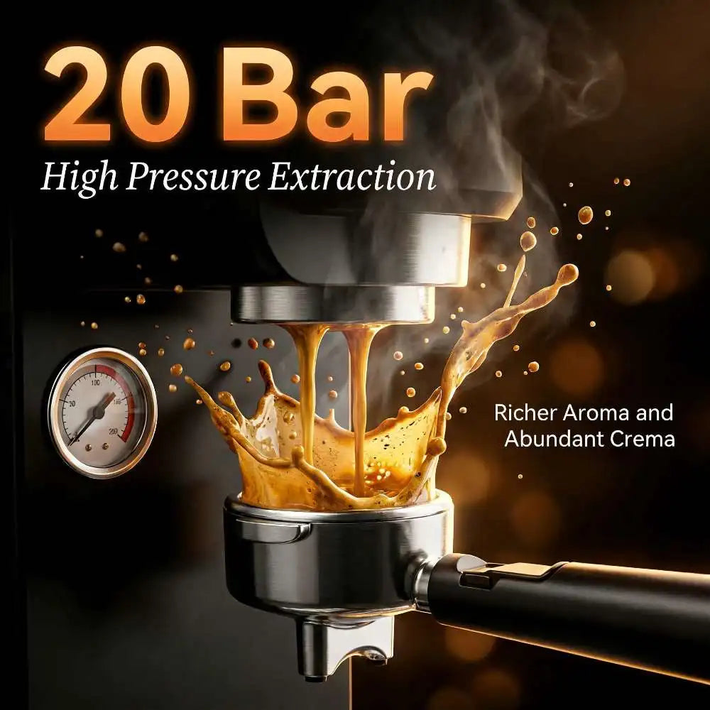 Black 20 bar professional espresso machine with stainless steel portafilter and pressure gauge extracting rich coffee.