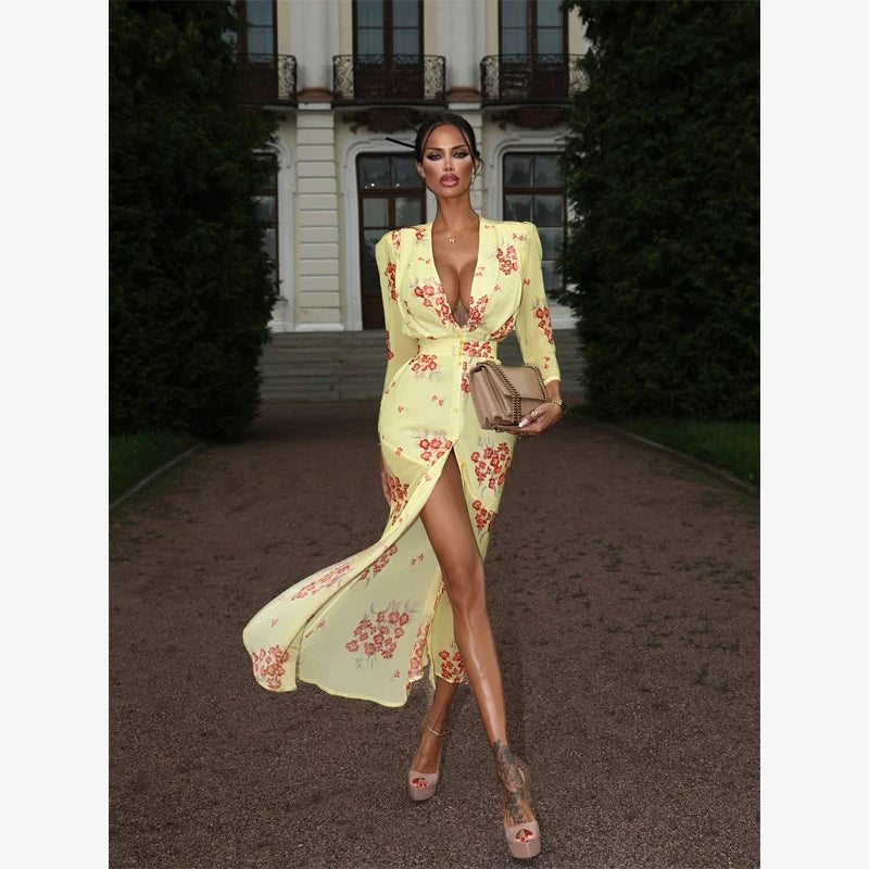 Fashion Sexy Organza Floral Printed Maxi Dress V-neck Puff Sleeve 2026 New Summer Romantic Women Party Gown Elegant Lady Vestido