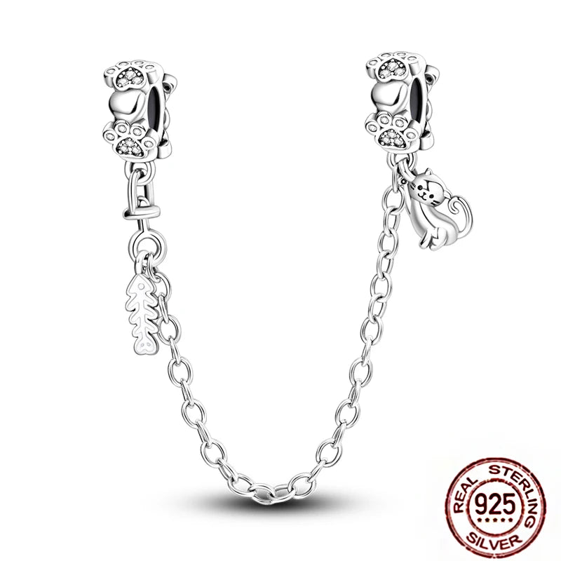 Real 925 sterling silver cat and paw print charm safety chain for DIY charm bracelets. Cute pet jewelry accessory.