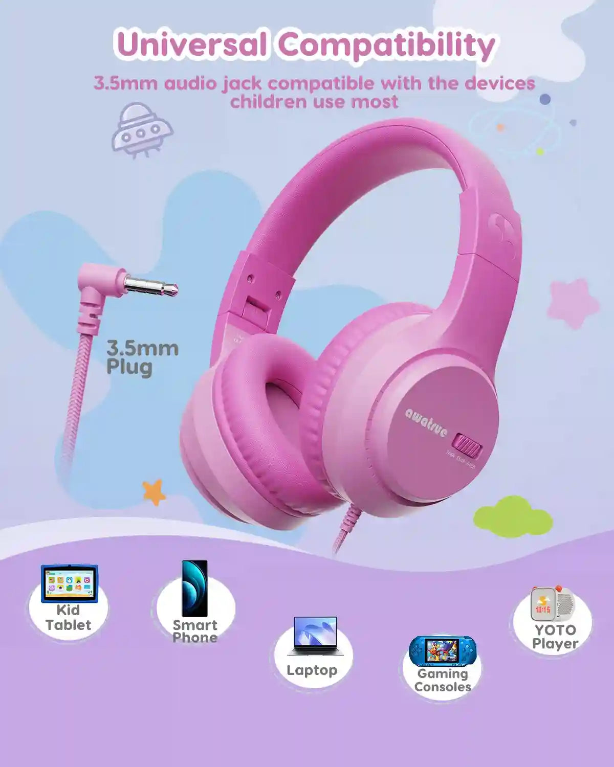 Kids Wired Headphones with Microphone - Comfortable Over-Ear Study Headset Tidesmit