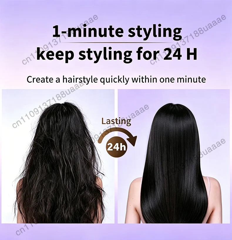 Before and after results of 2-in-1 negative ion hair dryer and straightener for long-lasting 24-hour smooth styling.