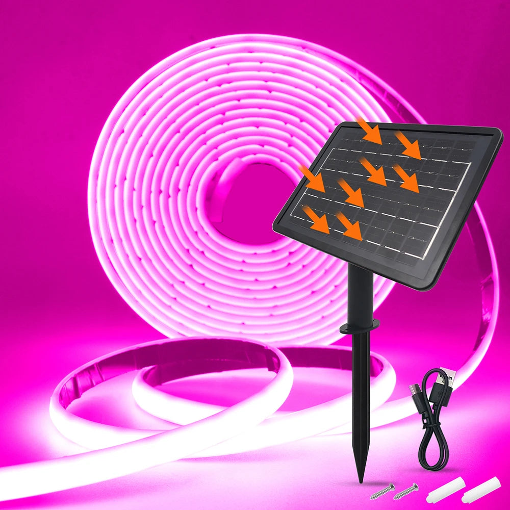 Solar Neon Light Strip 24V COB Waterproof IP68 Red Green Blue Warm Natural White 320LEDs/m Flexible High Density Linear Lighting