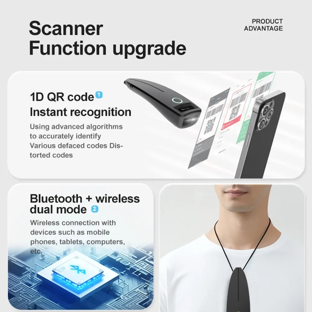 Black handheld barcode scanner with green power ring and scan capability feature callouts.