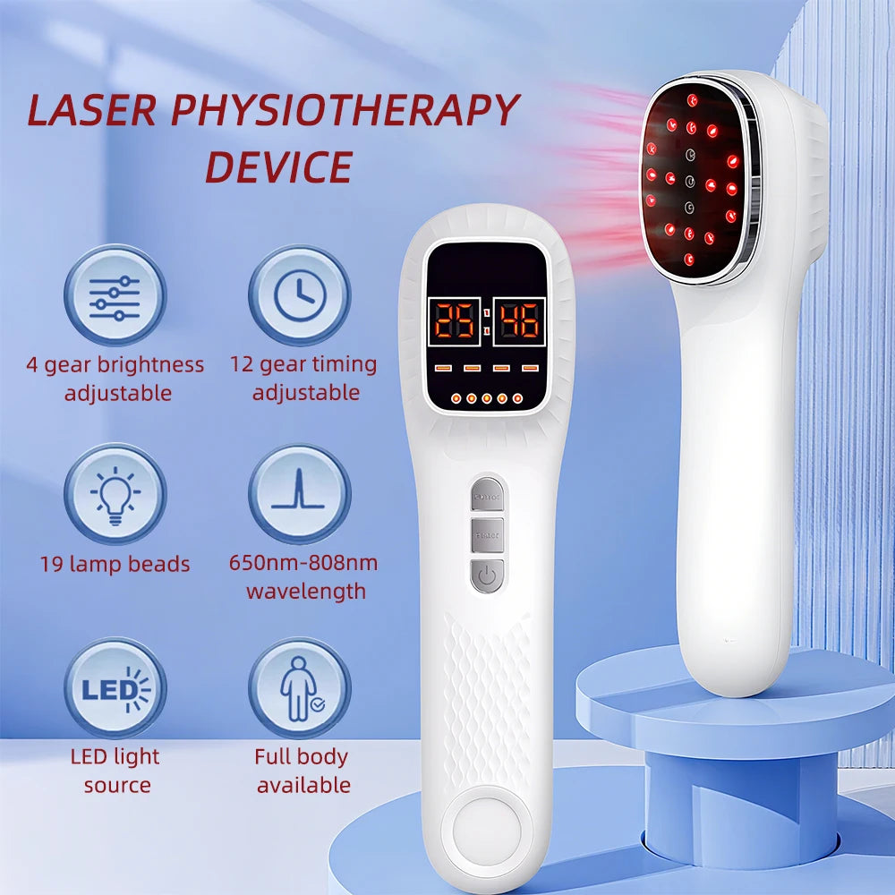 White handheld red light therapy device with a digital display and 19-bead light head on a blue stand.