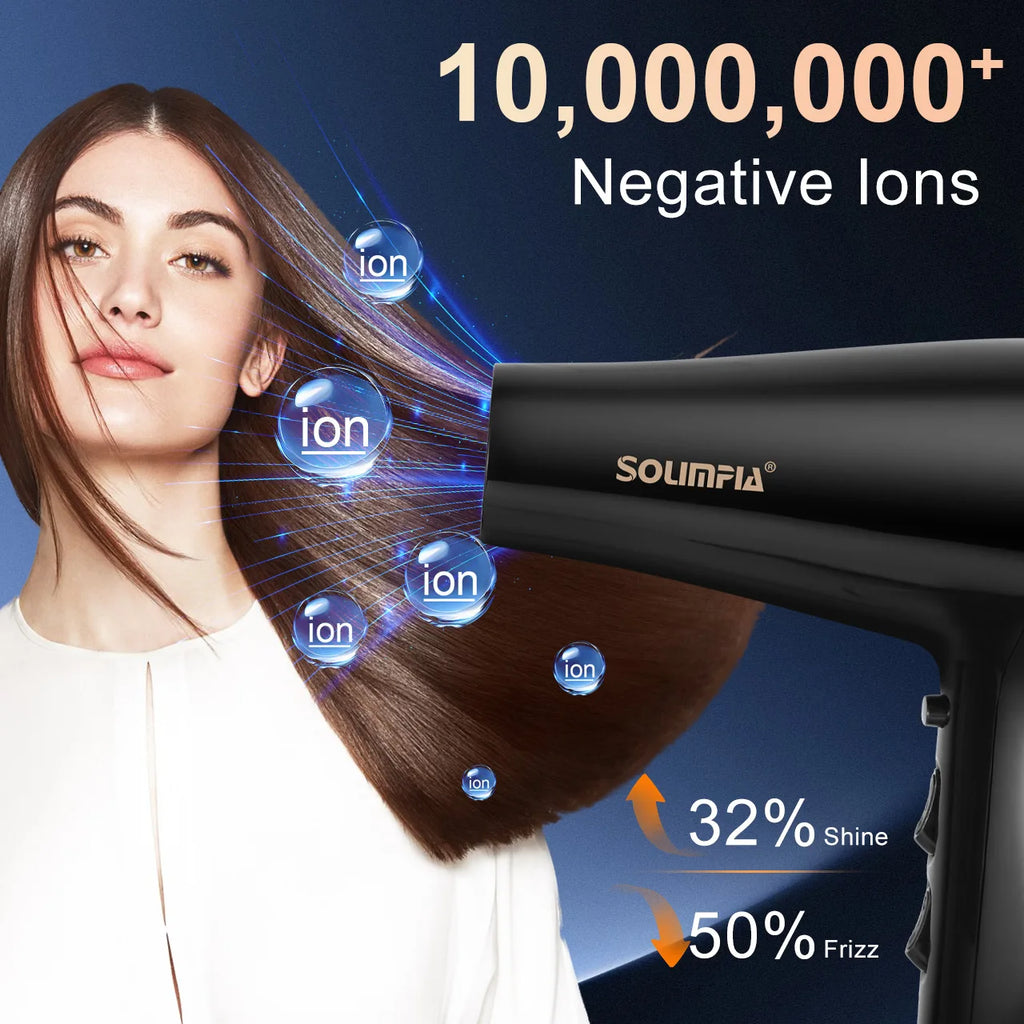 Black professional ionic hair dryer for smooth, shiny hair, featuring advanced negative ion technology for less frizz.