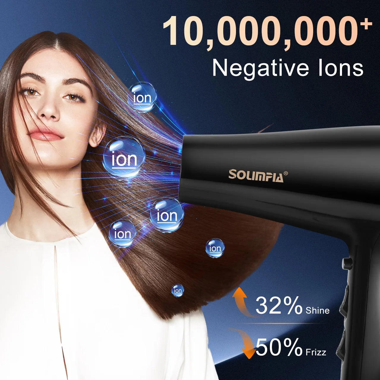 Black professional ionic hair dryer for smooth, shiny hair, featuring advanced negative ion technology for less frizz.