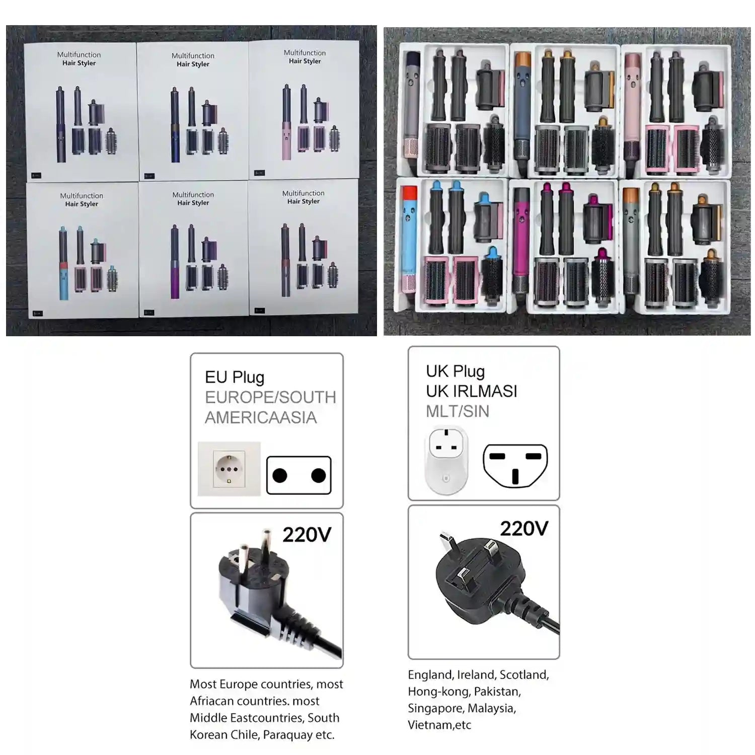 6-in-1 multi hair styler set with colorful auto-curling barrels, hot air brush, and 220V EU/UK plug options.