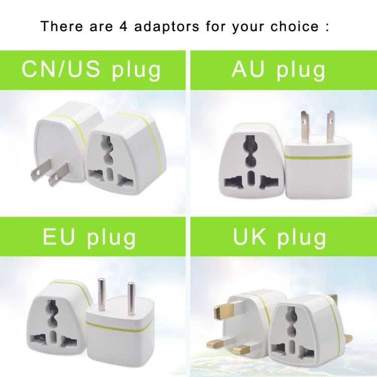 Set of 4 white universal power plug adapters for coffee maker, including CN, US, AU, EU, and UK plug types.