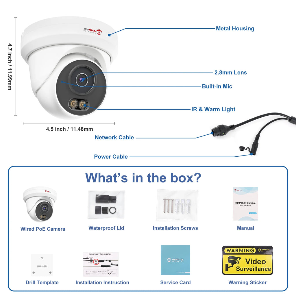Anpviz 5MP/8MP Turret POE IP Camera Outdoor Security IP Camera AI Human Detection Smart Dual Light Built-in Mic Full Metal IP66