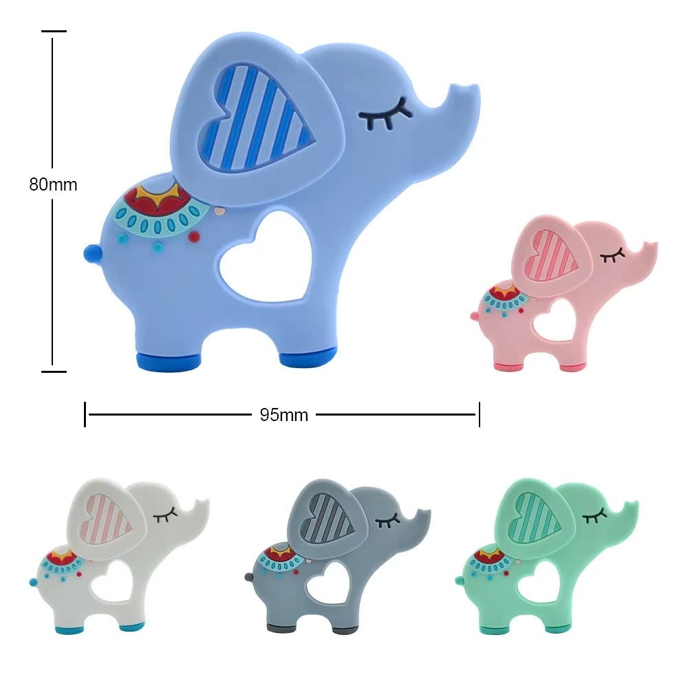 Colorful silicone elephant baby teething toys in blue, pink, grey, white, and green for soothing sore gums.