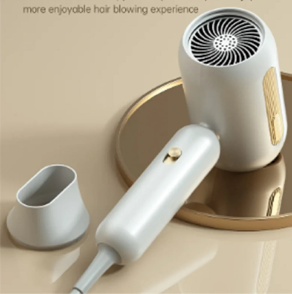 F41 high-speed hair dryer in white with gold accents, nozzle attachment, and turbine design for quick, quiet drying.