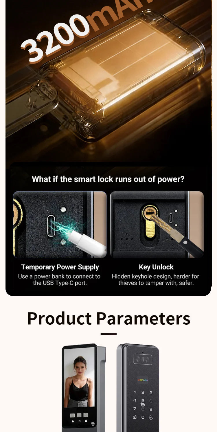 Wishome APP 3D Face Recognition Smart Lock with Camera, Video Call, and Voice Intercom Functions