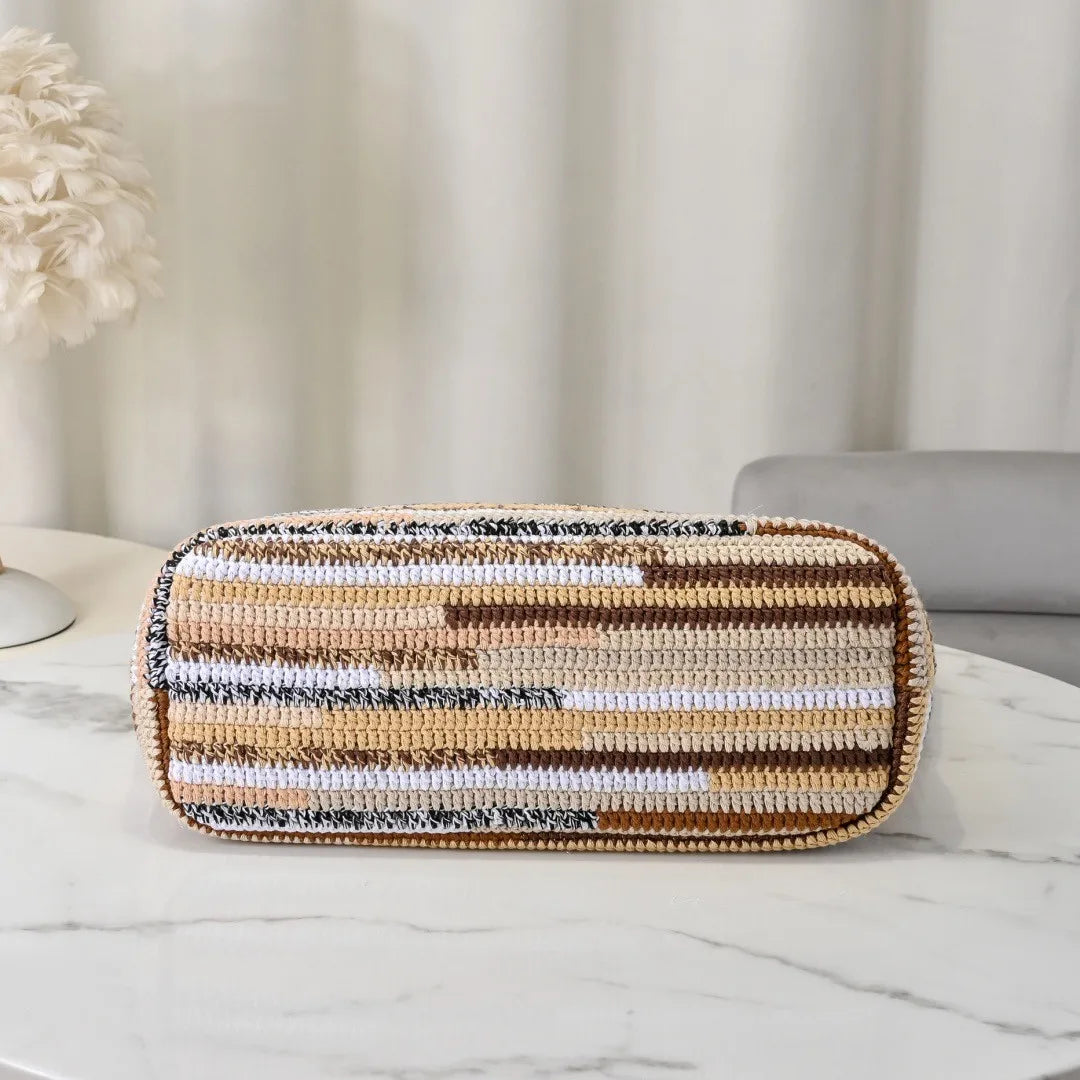 Fashion Woven Straw Tote Large Capacity Beach Resort Style Bag Women Contrast Stripes Shoulder Handbag Luxury Designer