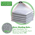Silvery aluminum foil sunshade net, folded with grommets; 99% shading rate.