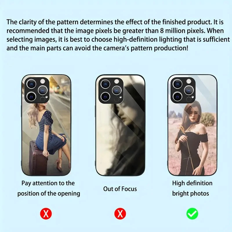 Custom photo phone cases showing examples of good and poor image resolution for printing.