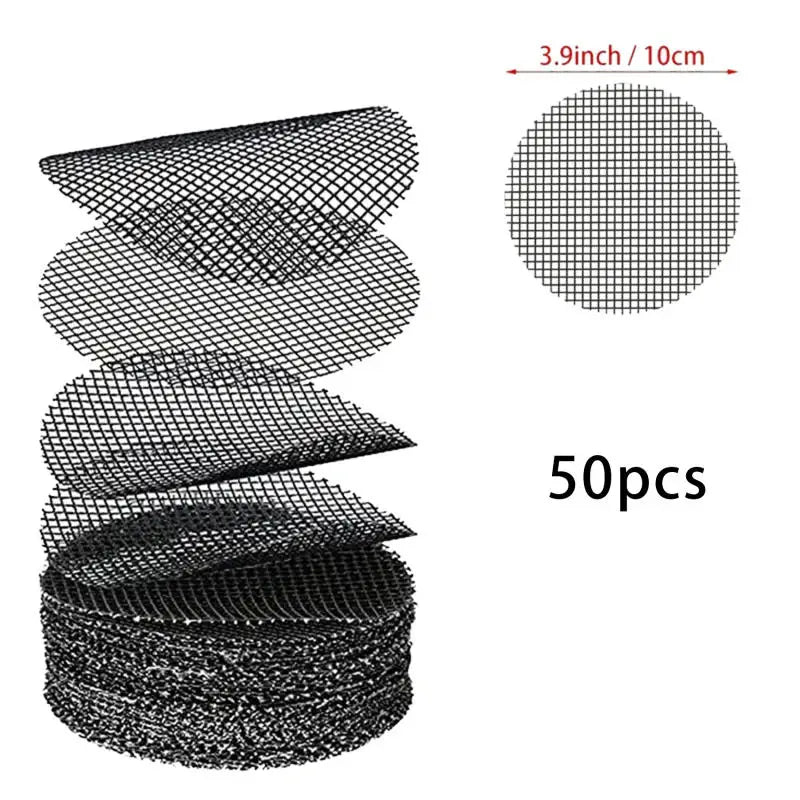 Round black mesh drainage screen pads with grid pattern, stacked in rolls