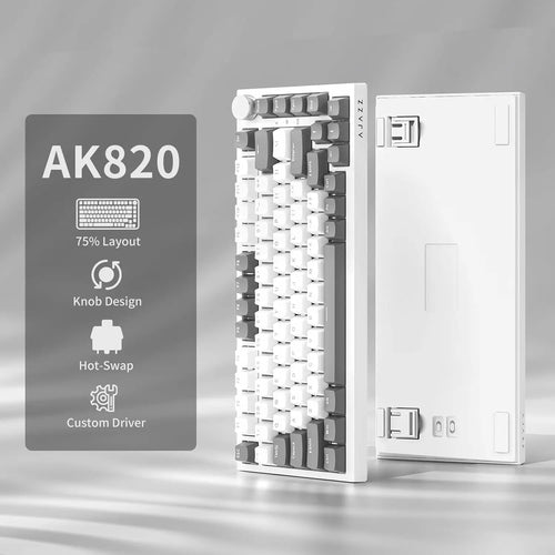 AJAZZ AK820 75% mechanical keyboard in grey and white with a volume knob, red switches, and hot-swappable design.