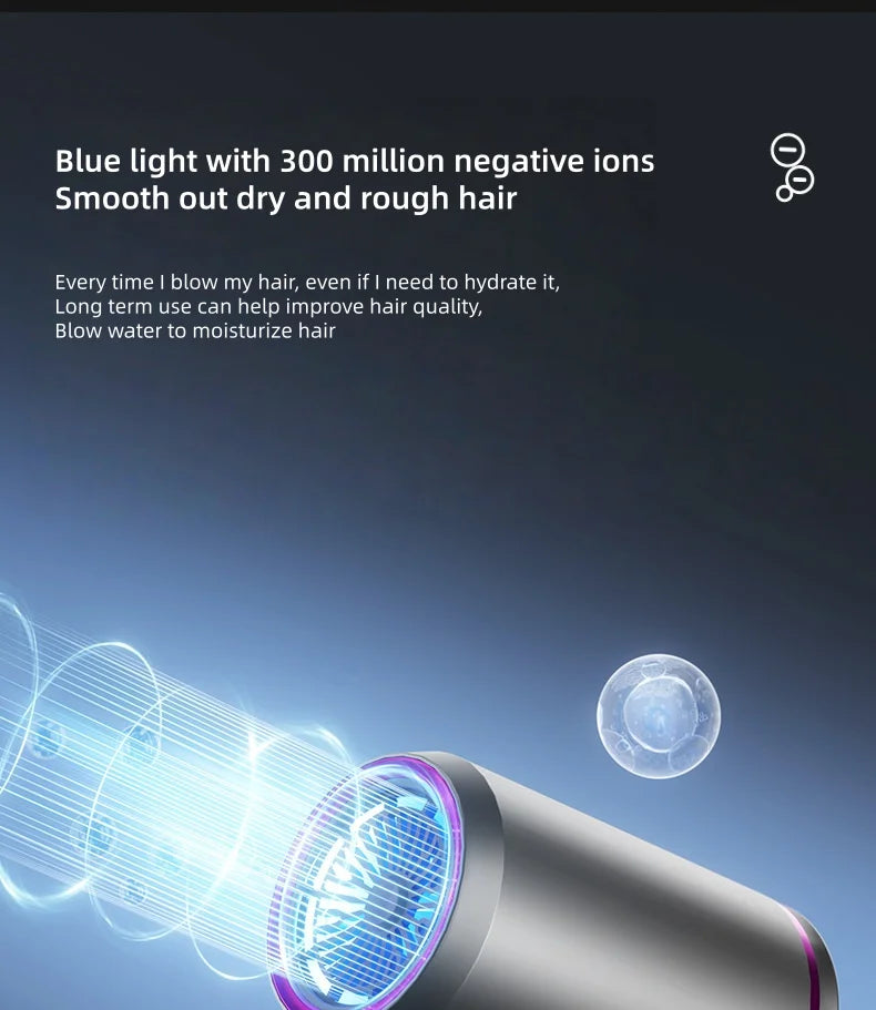 Foldable ionic hair dryer with blue light technology, high-speed airflow, and salon-grade nozzle for smooth hair.